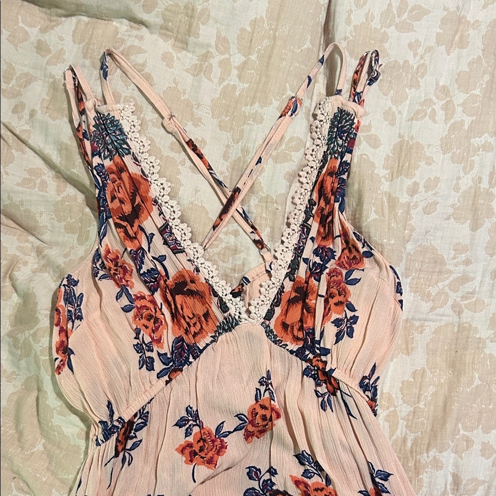 Angie Floral Lace Trim Dress - Pink and Blue